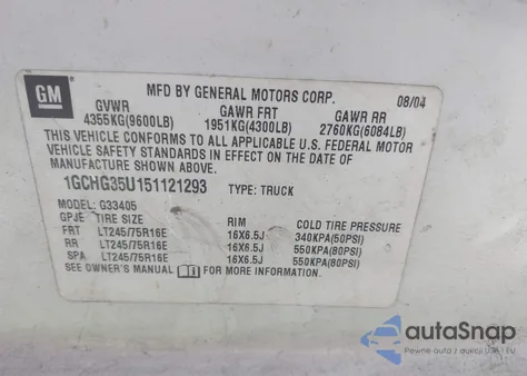 2005 Chevrolet Express z USA, uszkodzony, nr VIN 1GCHG35U151121293